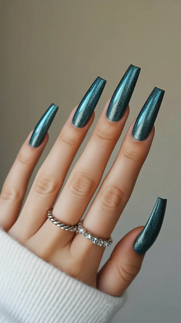 Coffin Nails and Color Ideas: Winter 2025-2026 Metallic Teal Fantasy