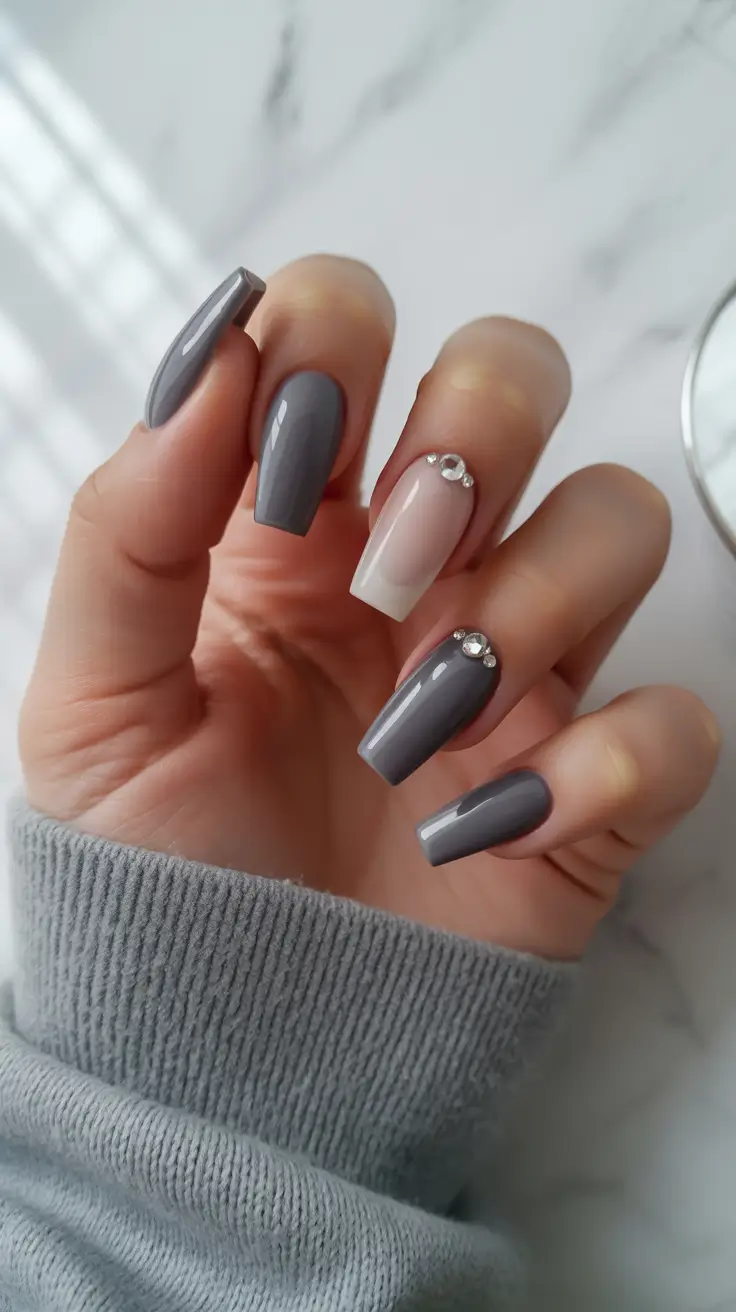 Coffin Nails and Color Ideas: Winter 2025-2026 Gray Crystal Balance