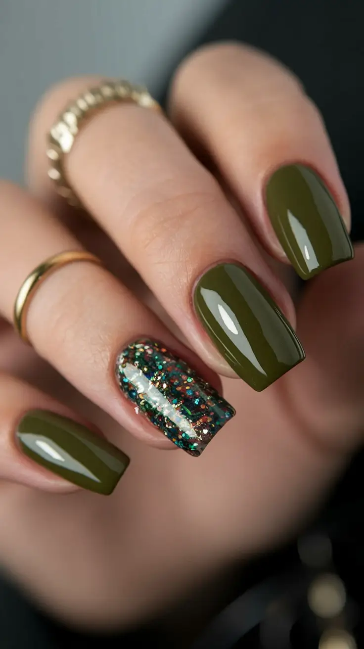 november nails designs fall acrylic Olive Green with Glitter Accent