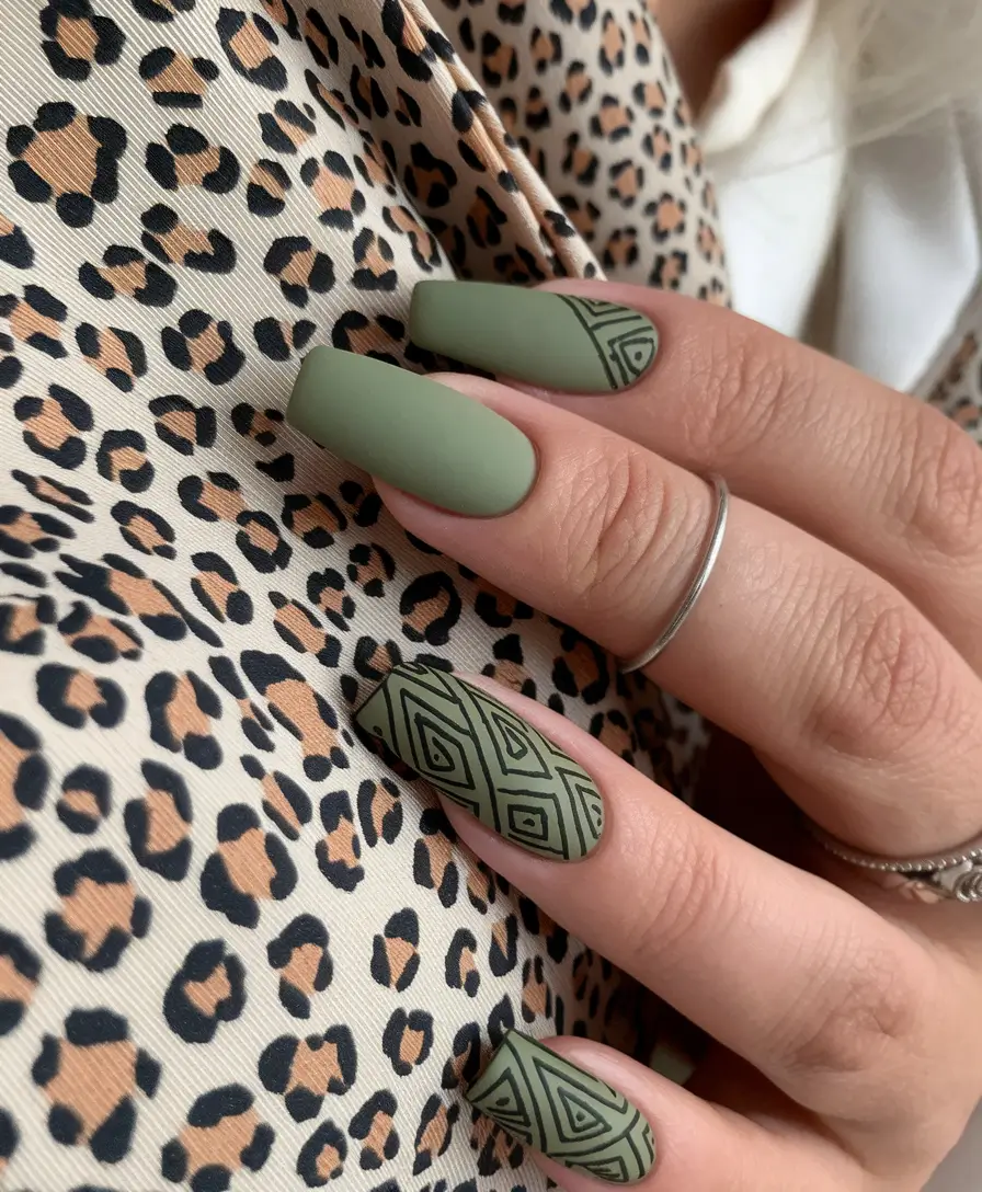 matte nails design november Matte Olive with Tribal Art