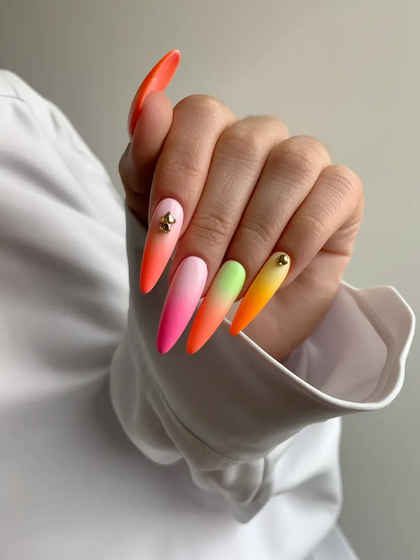 november nails designs fall long Neon Ombre with Golden Accents