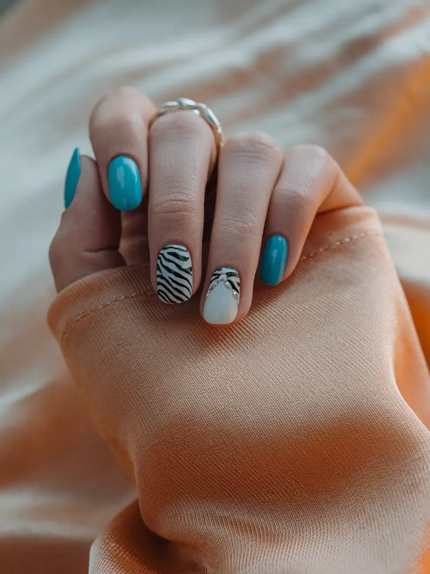 november nails designs fall short round Turquoise Pop with Animal Accent