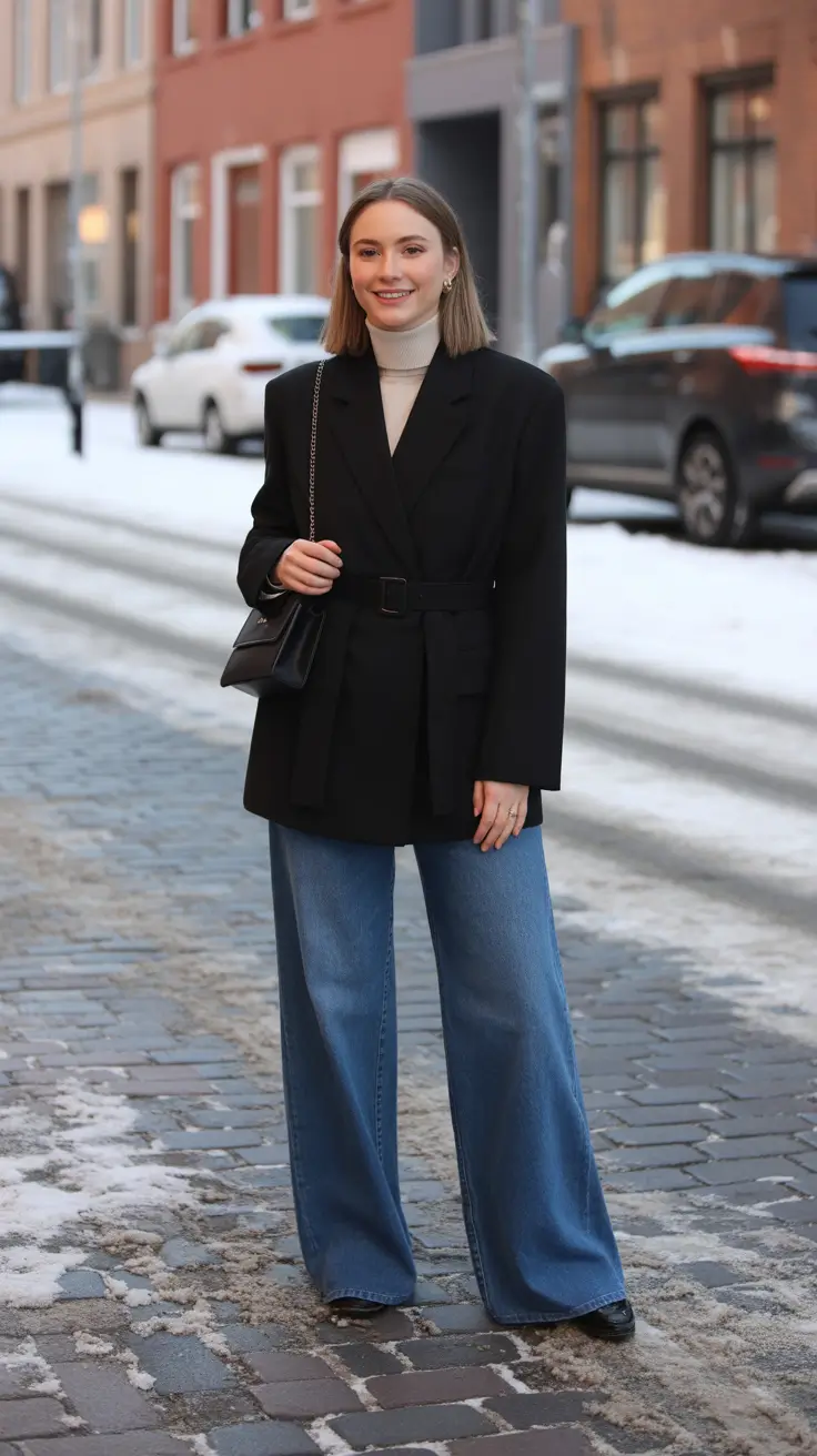 november cozy outfits Winter Denim and Belted Blazer
