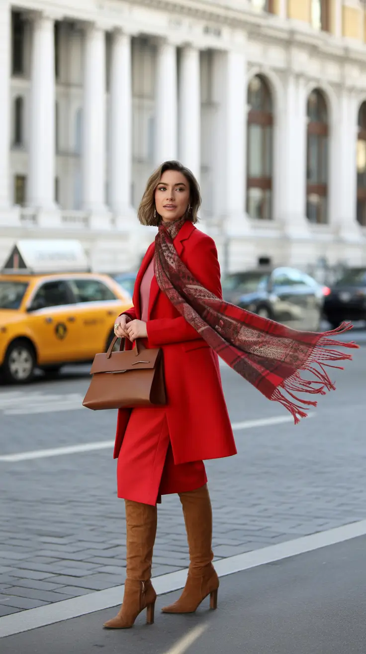 november cozy outfits All Red Elegance with a Statement Scarf