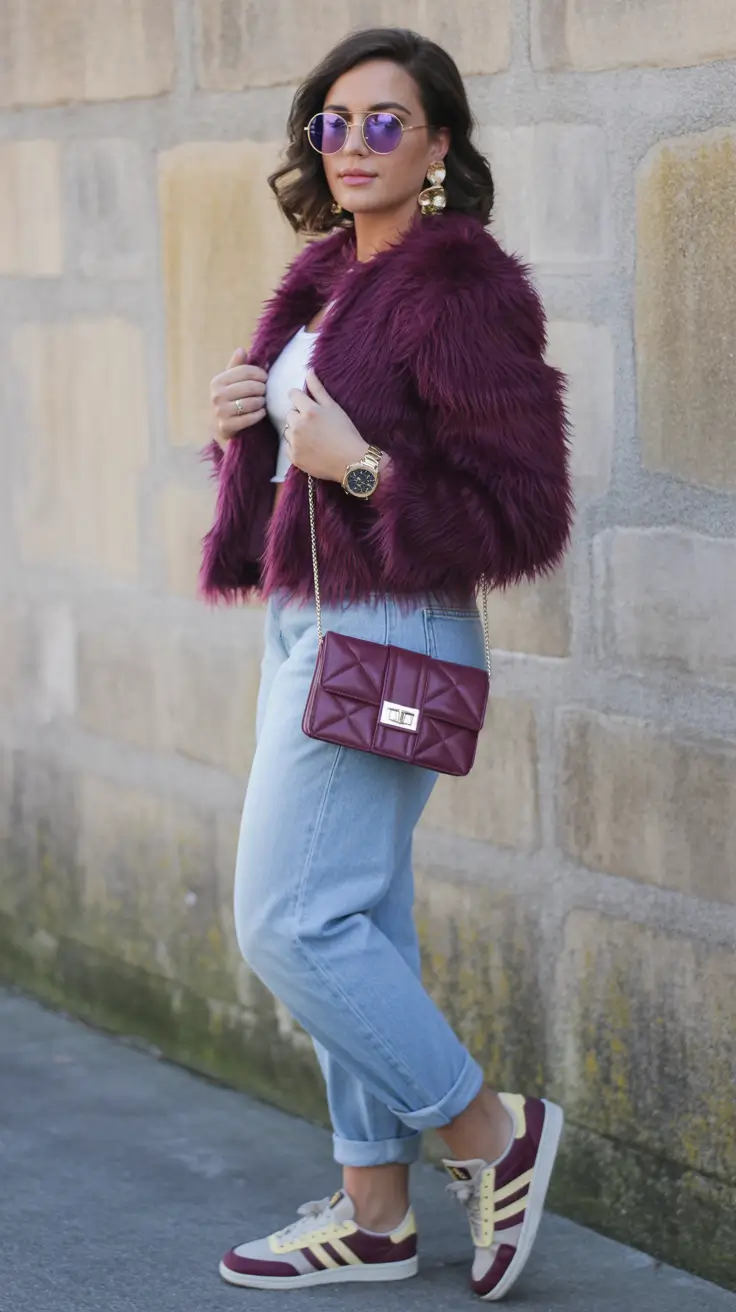 november cozy outfits Retro Vibes in Burgundy Fur