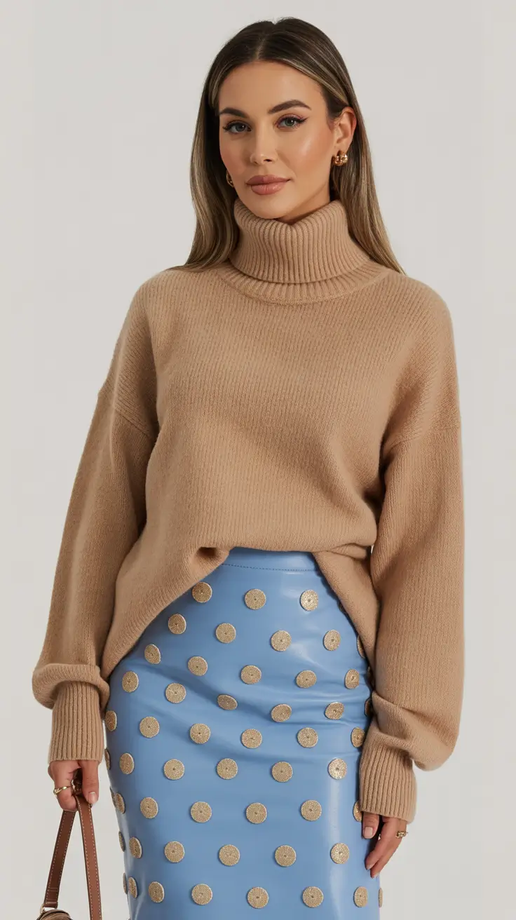 november cozy outfits Playful Pairing: Camel Knit with Polka Dots