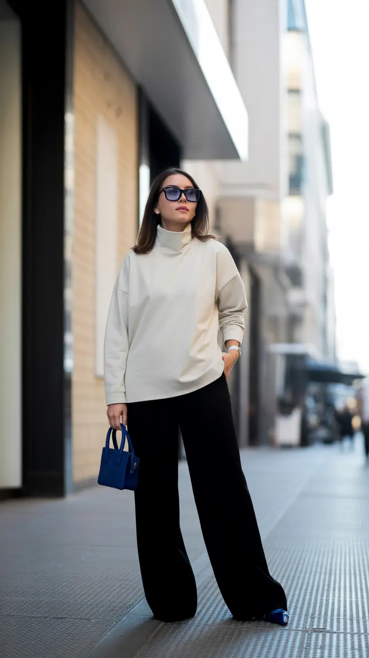 november cozy outfits Minimalist Neutrals with a Pop of Blue