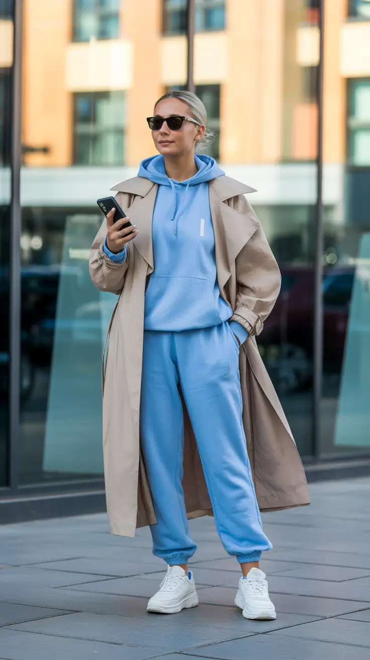 november cozy outfits Sporty Blue Layers with a Trench