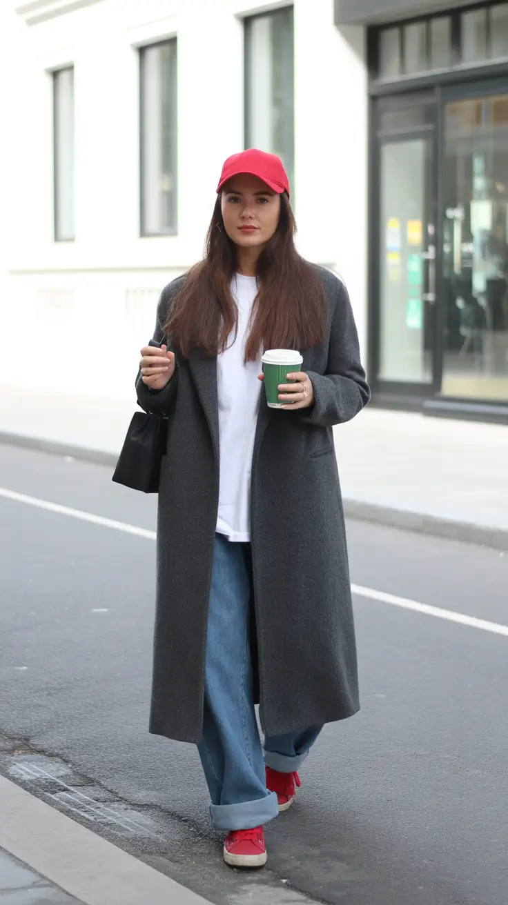 november cozy outfits Casual Layers with a Pop of Red