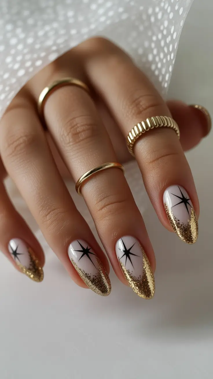 Cute Dip Nails Winter 2025–2026 Golden Starburst French