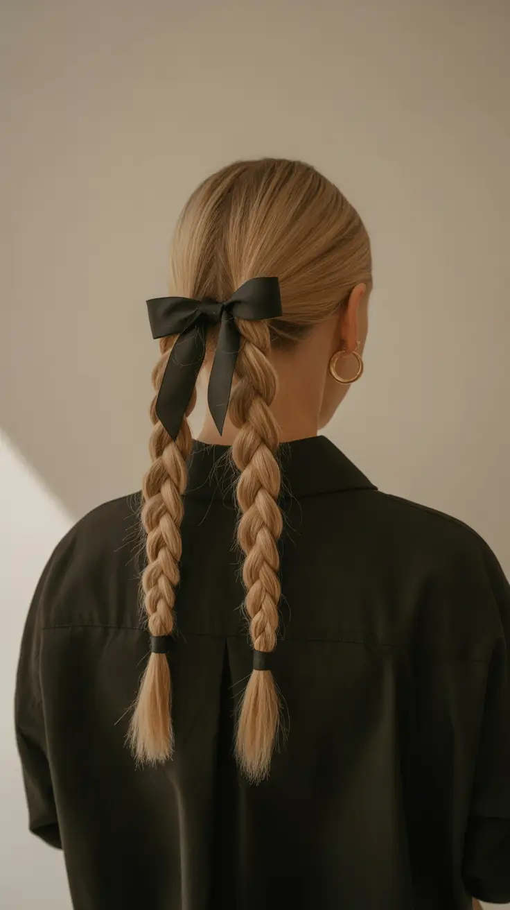 Cute winter hairstyles for school easy Playful Double Braids with a Ribbon Accent