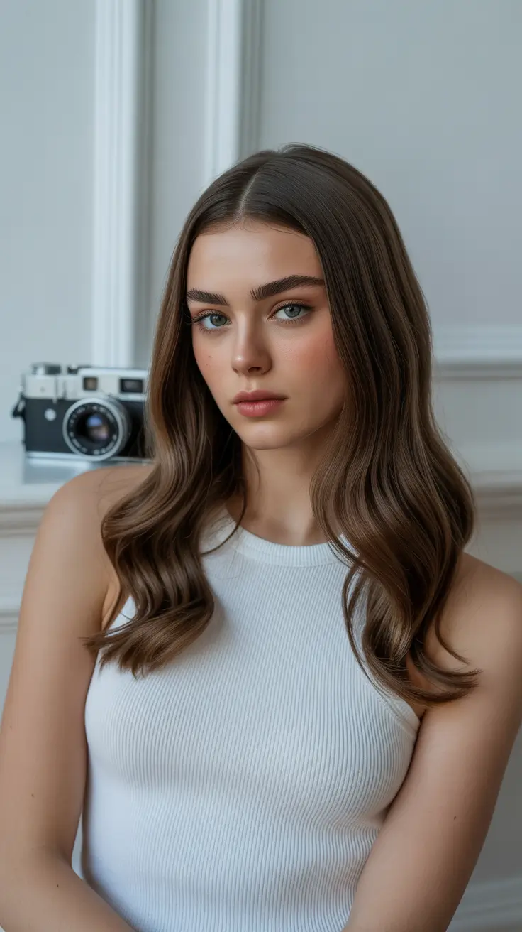 Cute winter hairstyles easy simple Sleek Center-Part Waves with Subtle Shine