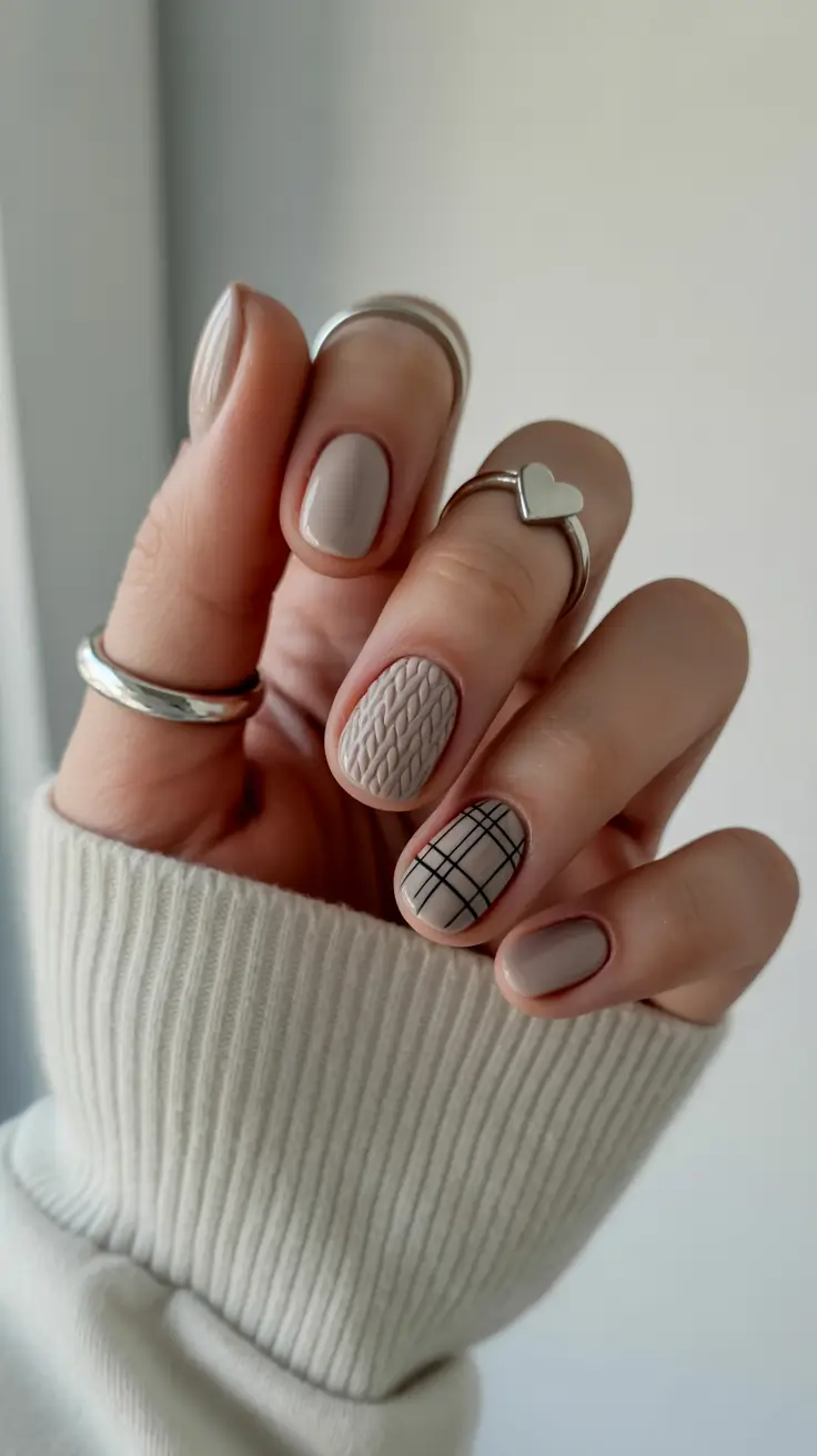 Cute Sweater Nails Winter 2025-2026 Beige Plaid Chic