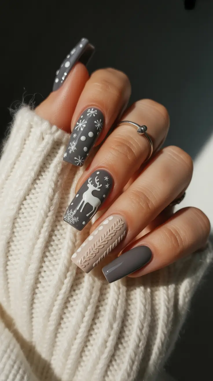 Cute Sweater Nails Winter 2025-2026 Gray Reindeer Elegance