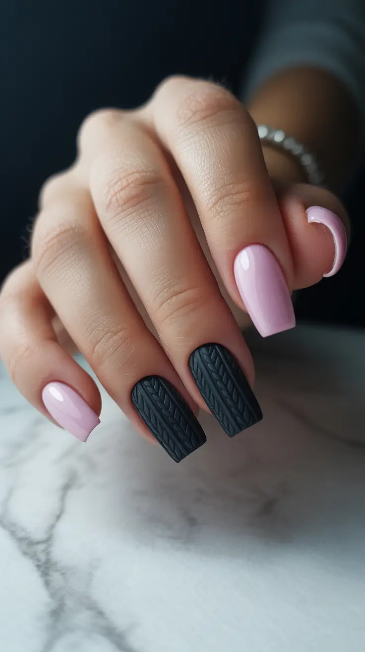 Cute Sweater Nails Winter 2025-2026 Black & Blush Contrast