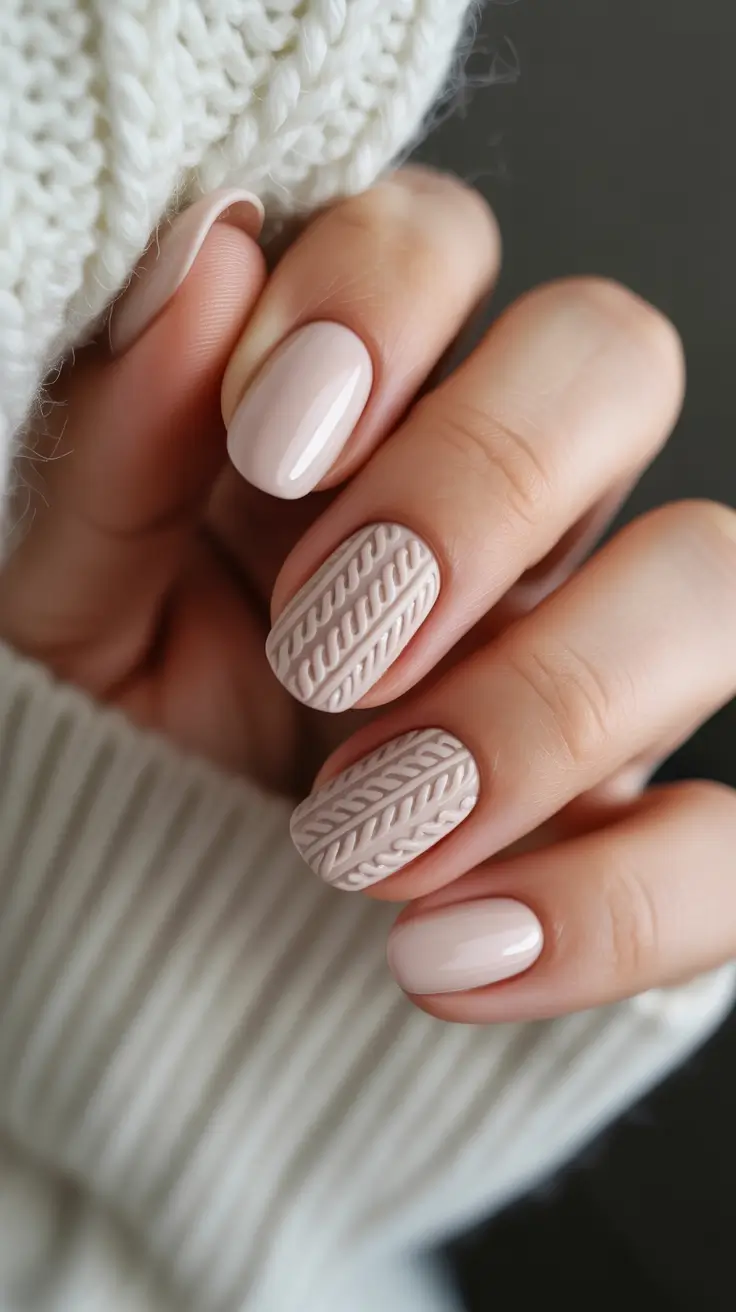 Cute Sweater Nails Winter 2025-2026 Soft Beige Knit Classic