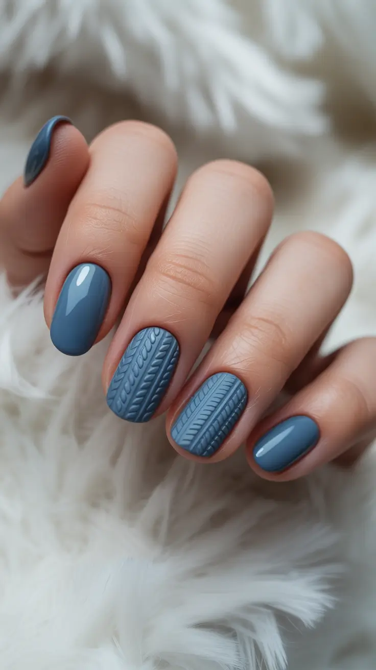 Cute Sweater Nails Winter 2025-2026 Cozy Slate Blue Texture