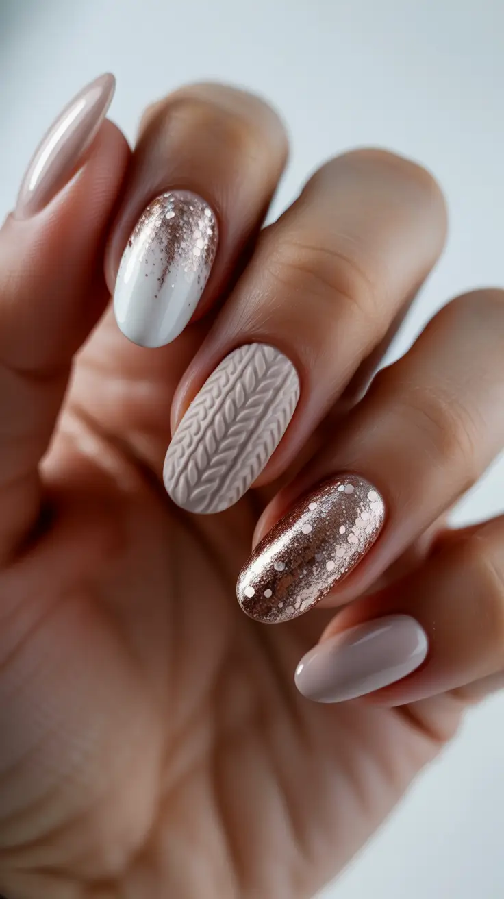 Cute Sweater Nails Winter 2025-2026 Champagne Glow & Knit Detail