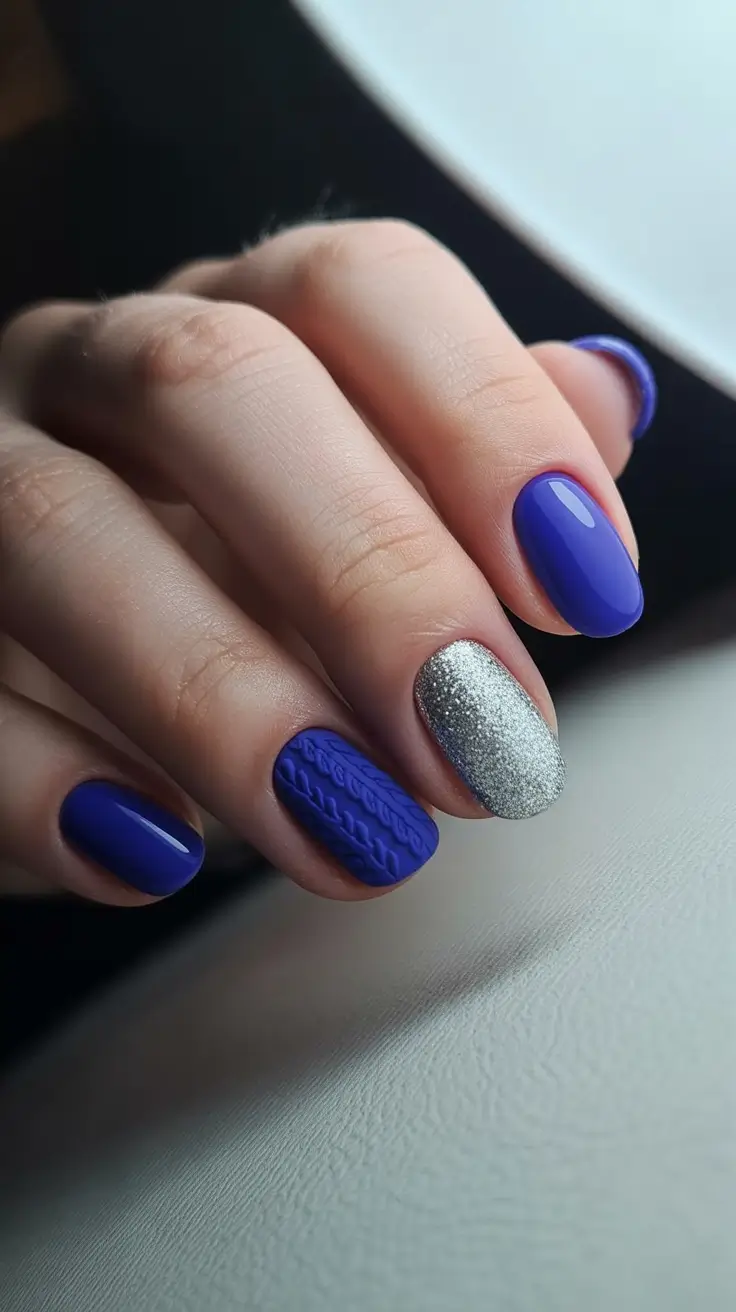 Cute Sweater Nails Winter 2025-2026 Electric Blue and Silver Spark