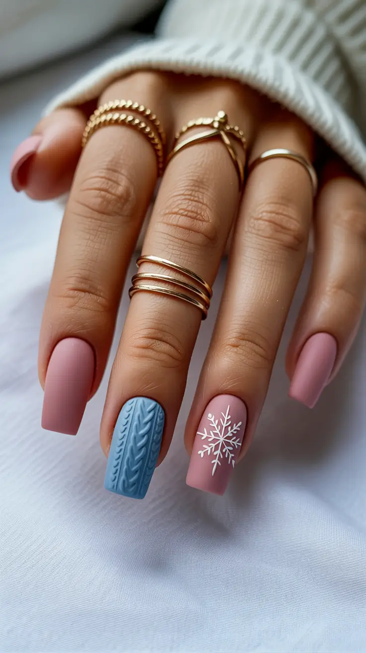 Cute Sweater Nails Winter 2025-2026 Frosted Pink & Snowflake Charm