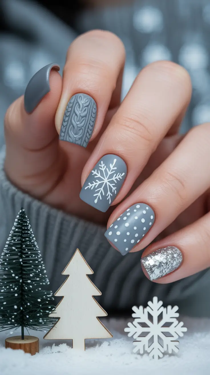 Cute Sweater Nails Winter 2025-2026 Snowflake Gray Glam
