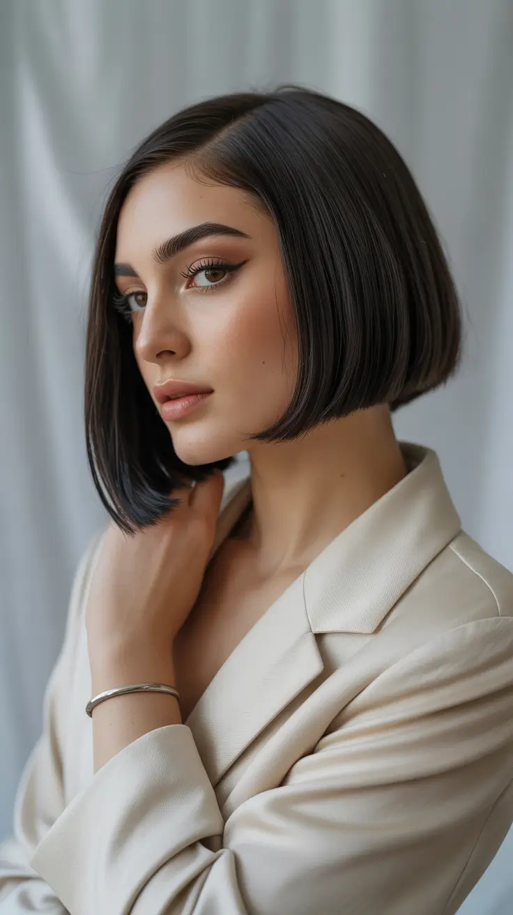 cute winter haircuts ideas 2025 2026 Chic French Bob with a Sharp Arc