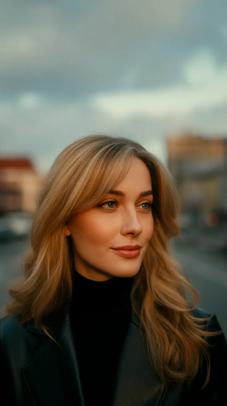 cute winter haircuts ideas 2025 2026 Warm Honey Layers with Soft Bangs