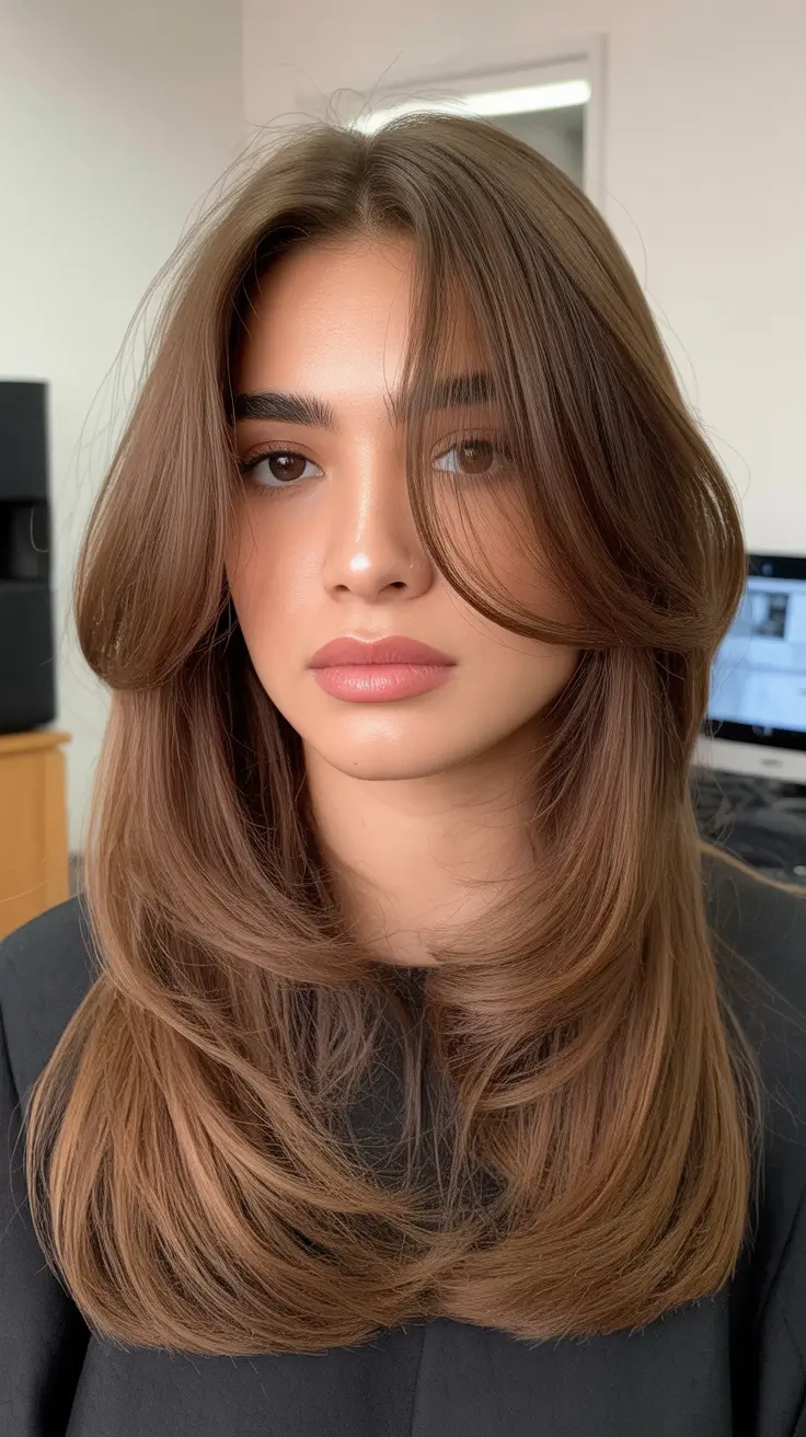 cute winter haircuts ideas 2025 2026 Chocolate Layers with Curtain Bangs