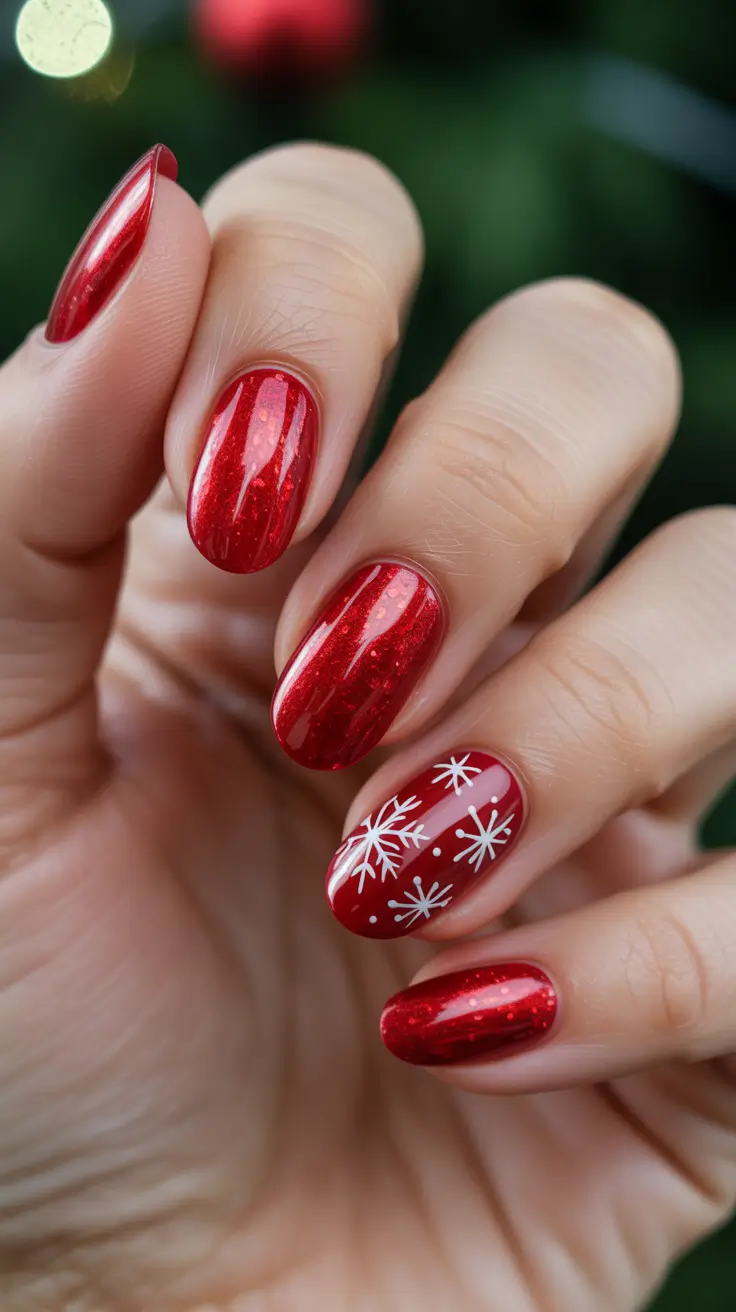 Cute Winter Manicure 2025–2026 Scarlet Snowflakes Magic