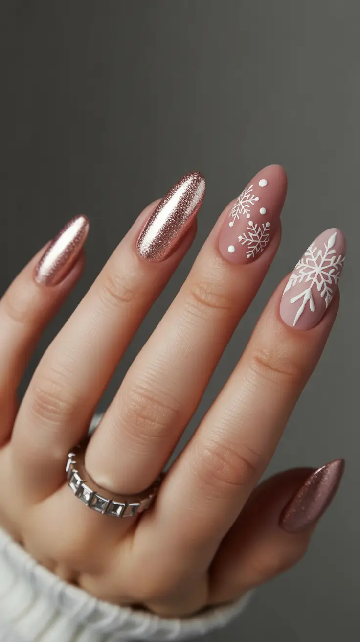 Cute Winter Manicure 2025–2026 Rosy Snowfall