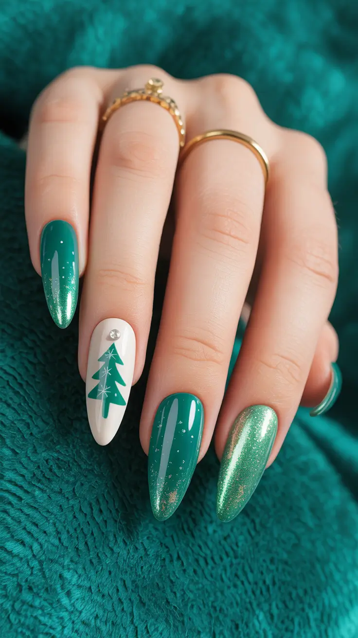 Cute Winter Manicure 2025–2026 Emerald Glow Tree