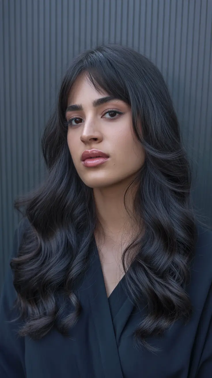 dark winter hair color ideas deep plum-toned waves with soft fringe