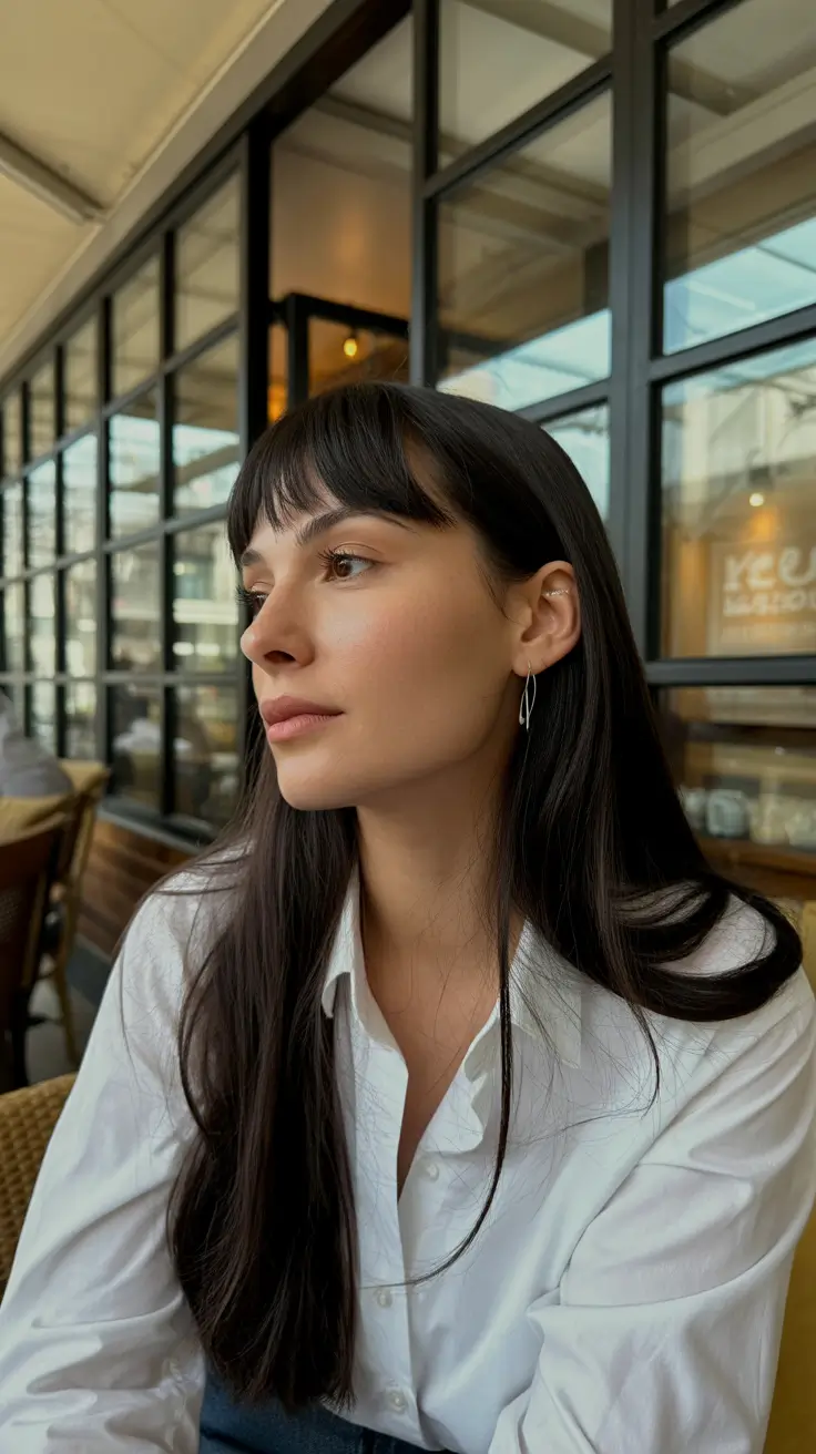 dark winter hair color brunettes Classic Straight Elegance with Baby Bangs