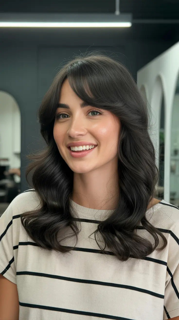 dark winter hair color brunettes Soft Layered Brunette with Curtain Bangs
