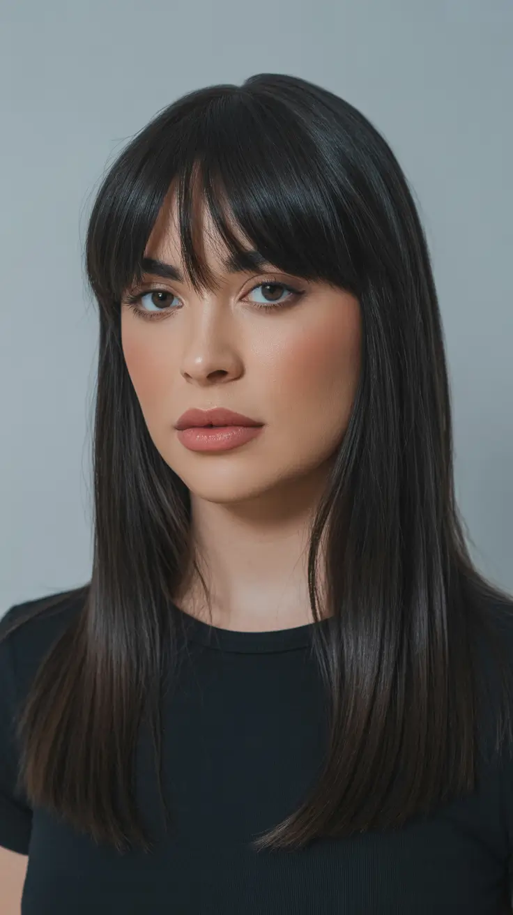 dark winter hair color ideas Jet-Black Sleek Straight with Modern Fringe