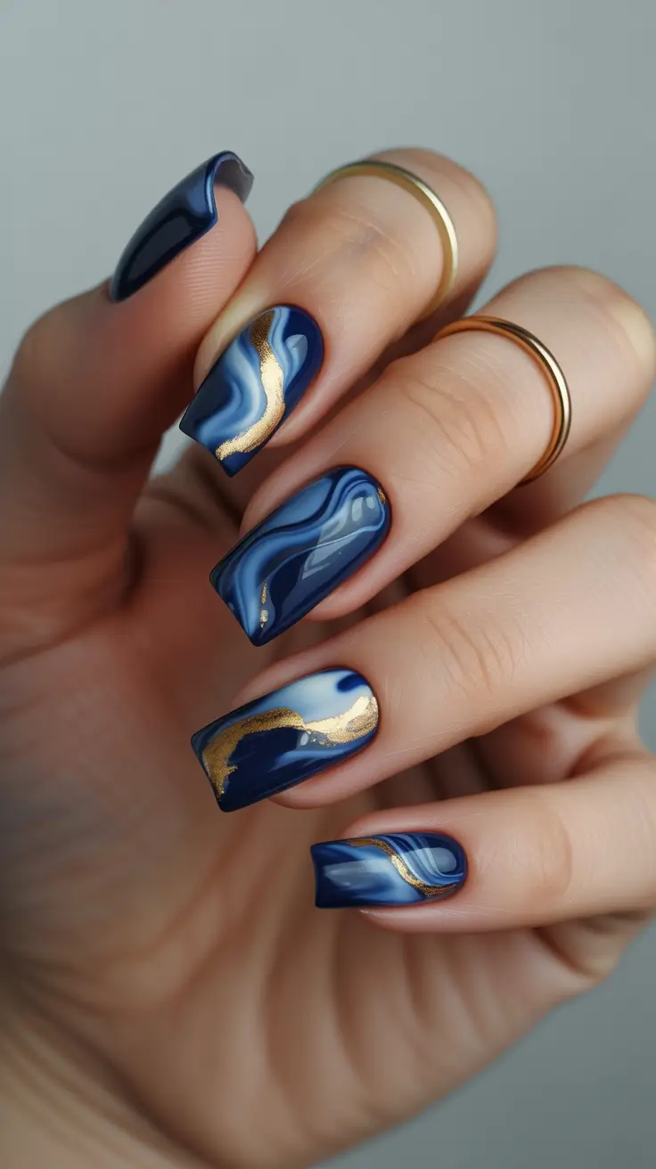 dark winter nail colors 2025 Midnight Marble with Gold Veins