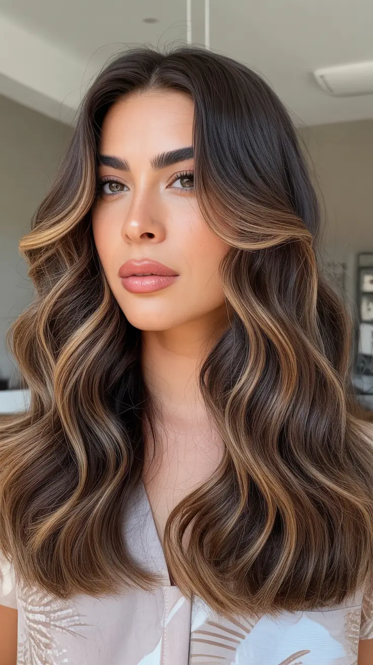 Deep Winter Hair Colors Inspiration 2025-2026 Soft Mocha Waves with Honey Lights