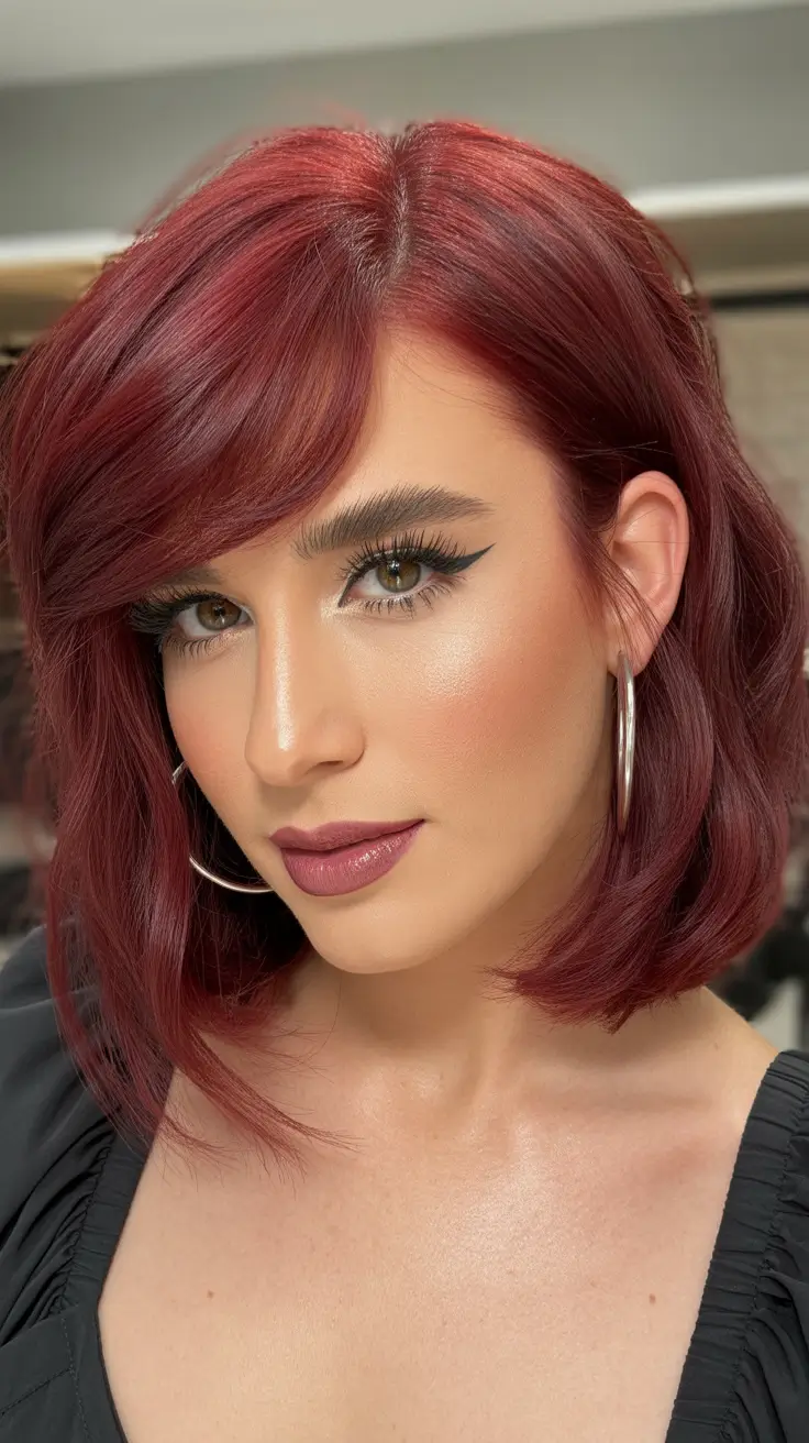 Deep Winter Hair Colors Inspiration 2025-2026 Deep Cherry Red with Side Bangs