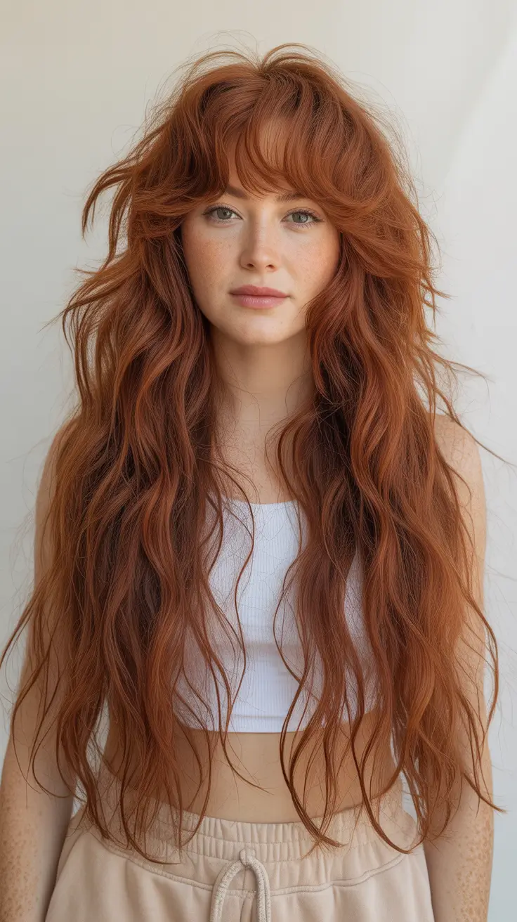 Deep Winter Hair Colors Inspiration 2025-2026 Copper Waves with Curtain Bangs