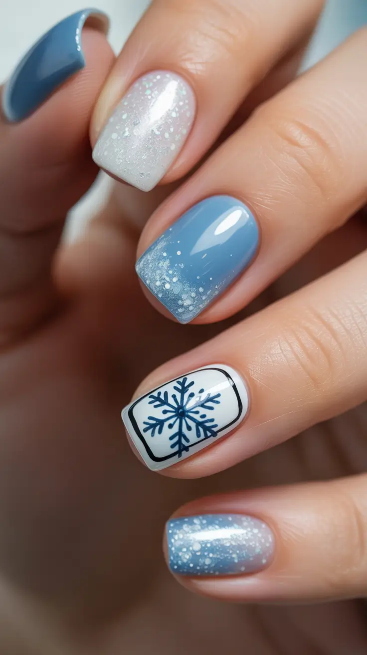 Fresh Cute Nail Inspiration Winter 2025-2026 Frosted Snowflake Blues