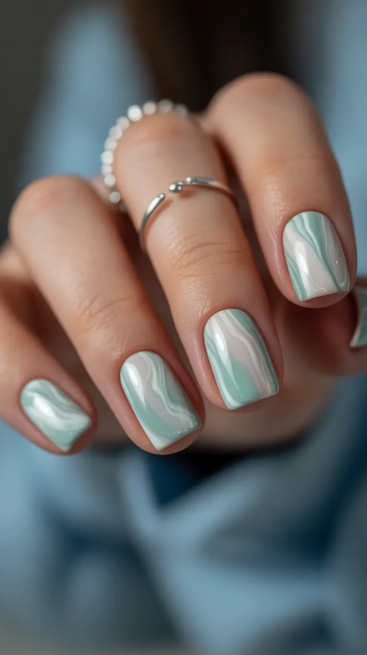 Fresh Cute Nail Inspiration Winter 2025-2026 Mint Marble Dreams