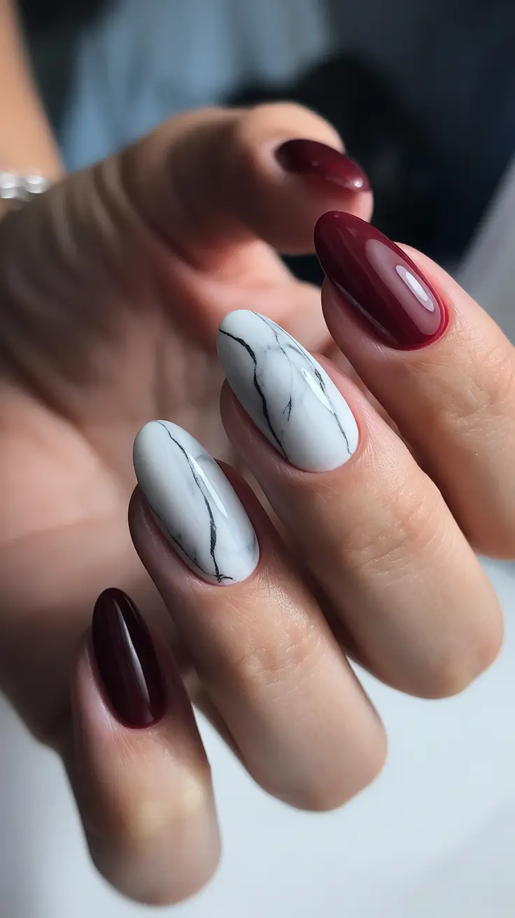 winter color nails gel Velvet Wine & Marble Veins