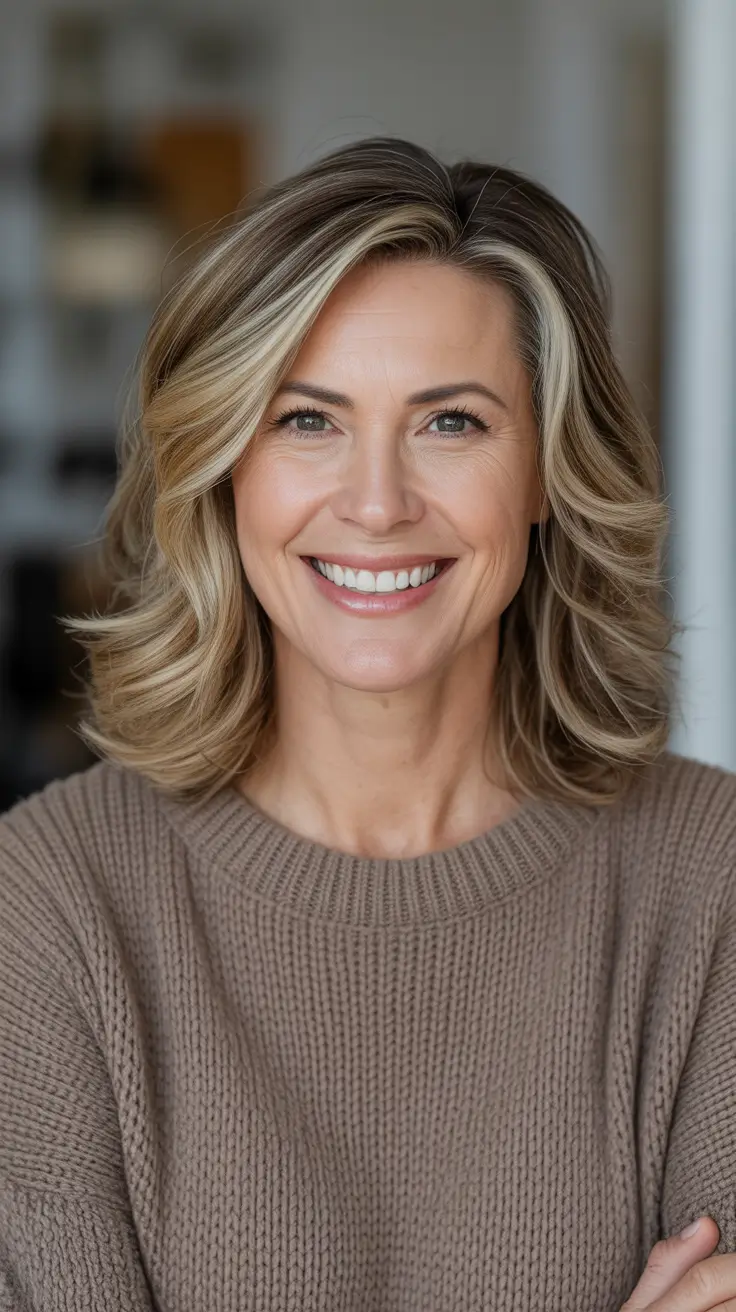 Hair Color & Winter Hairstyles for Women Over 40 2025-2026 Soft Layered Blonde with Highlights