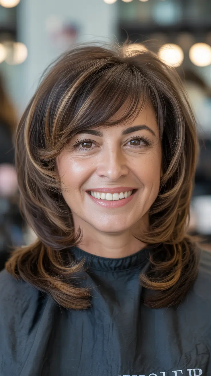 Hair Color & Winter Hairstyles for Women Over 40 2025-2026 Layered Medium Cut with Side Bangs