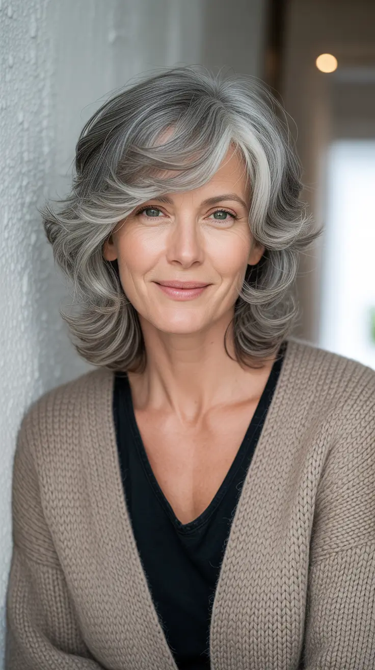 Hair Color & Winter Hairstyles for Women Over 40 2025-2026 Silver Layered Shag