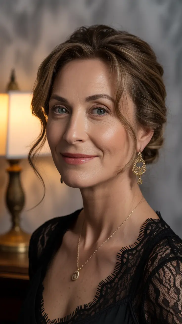 Hair Color & Winter Hairstyles for Women Over 40 2025-2026 Soft Updo with Loose Strands