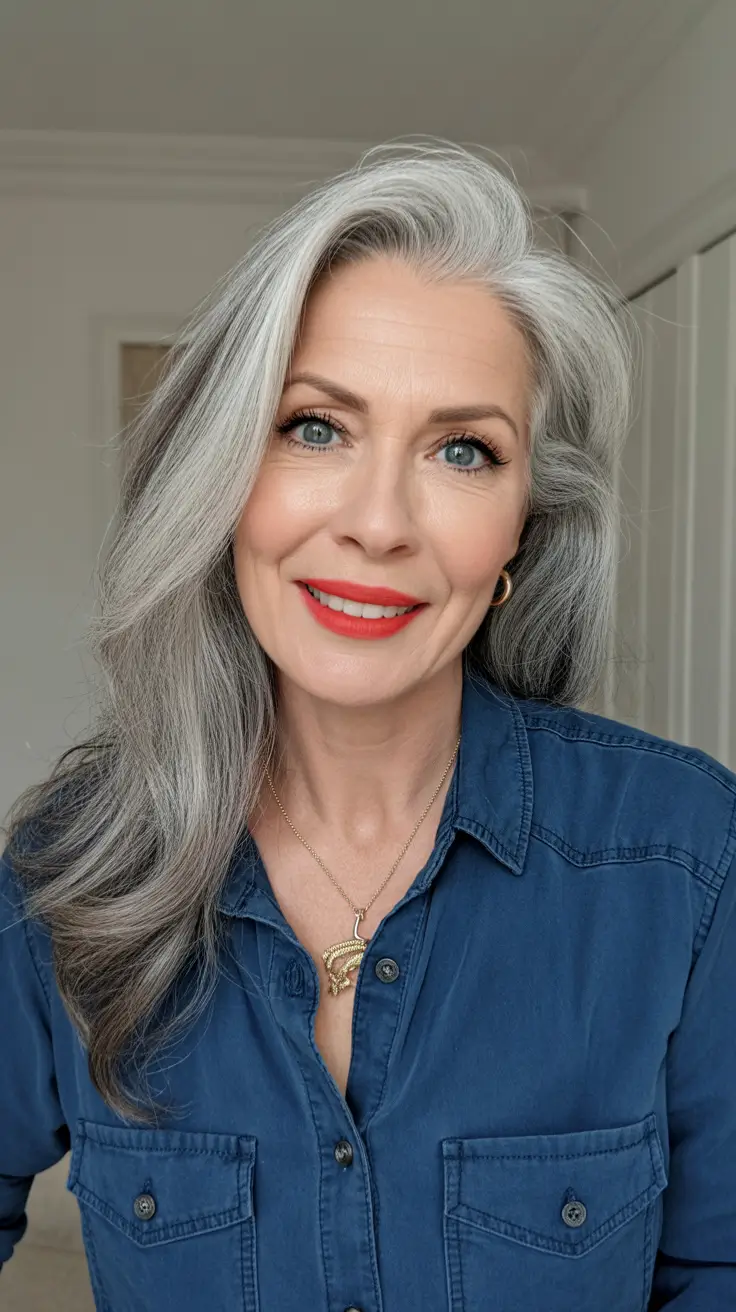 Hair Color & Winter Hairstyles for Women Over 40 2025-2026 Natural Silver with Side Part