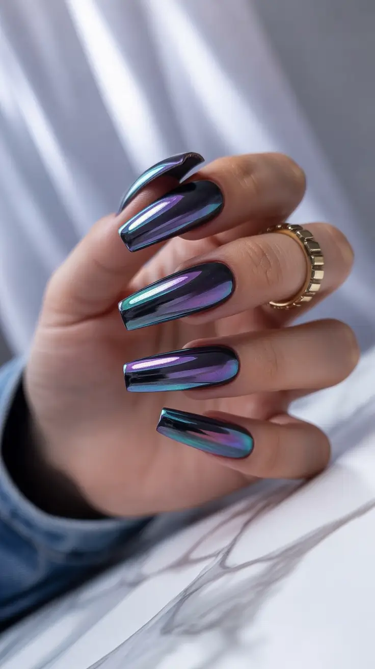 Modern Dark Nail Inspo Winter 2025–2026 Chrome Mirage