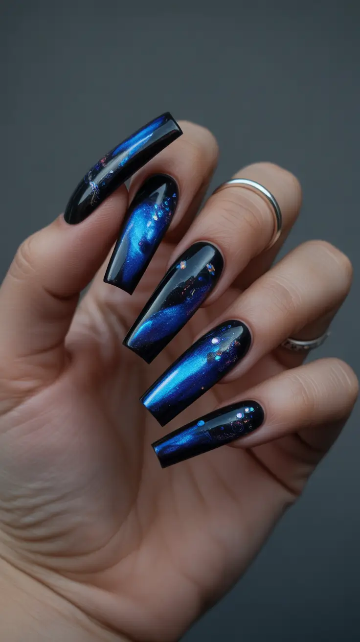 Modern Dark Nail Inspo Winter 2025–2026 Blue Nebula