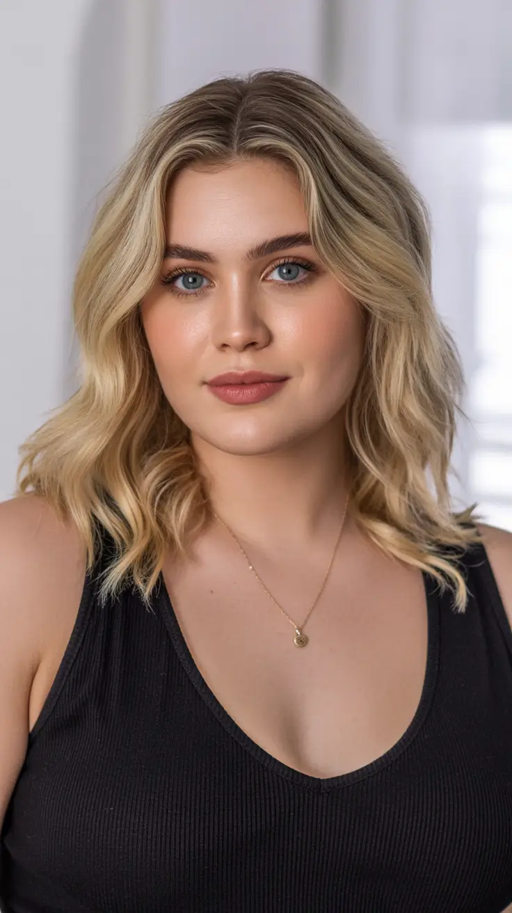 plus size winter haircuts for women 2025 2026 Soft Layered Lob with Creamy Blonde Dimension
